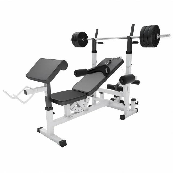 Regulējams svarcelšanas sols + 100 kg stieņa un disku komplekts, balts