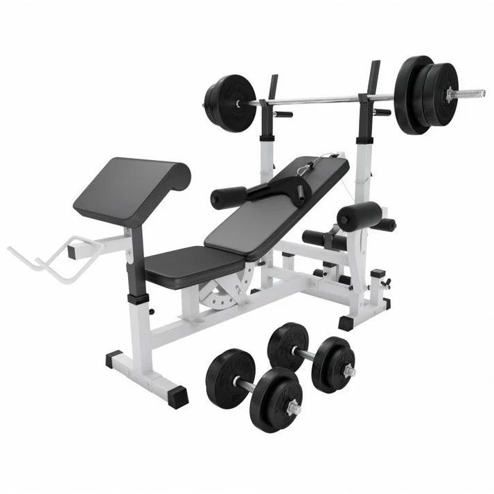 Regulējams svarcelšanas sols + 100 kg stieņa un disku komplekts, balts