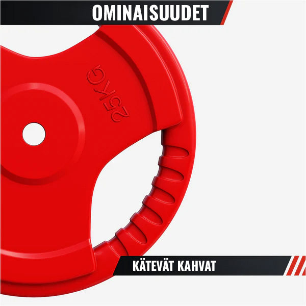 Ar gumiju pārklāts svaru disks 25 kg ar satveršanas rokturiem, 30 mm