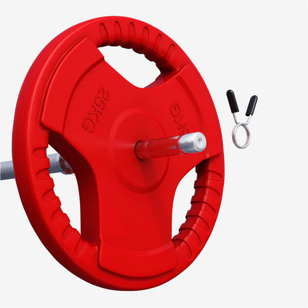 Ar gumiju pārklāts svaru disks 25 kg ar satveršanas rokturiem, 30 mm