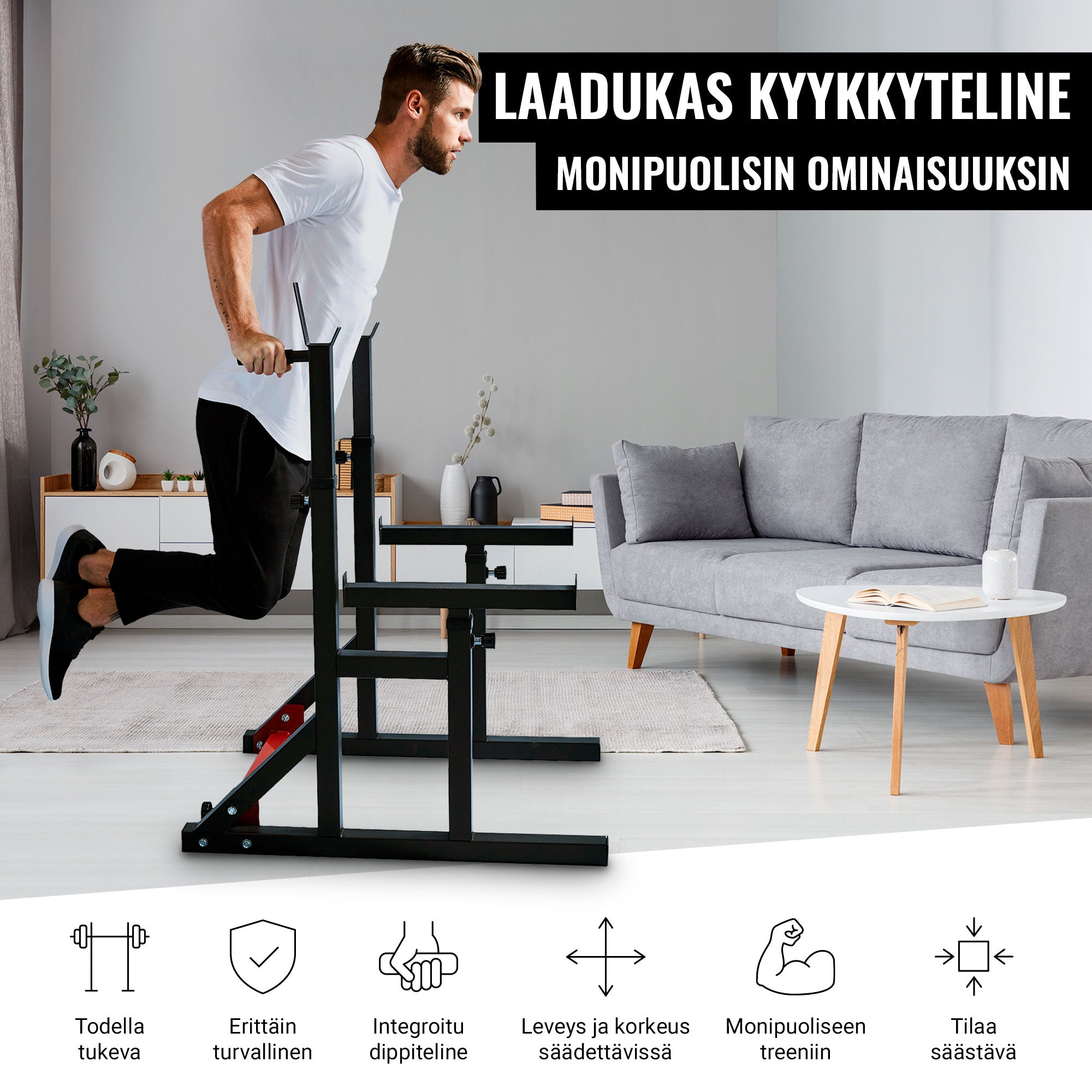 Regulējams pietupienu statīvs ar drošības balstiem un dipu rokturiem