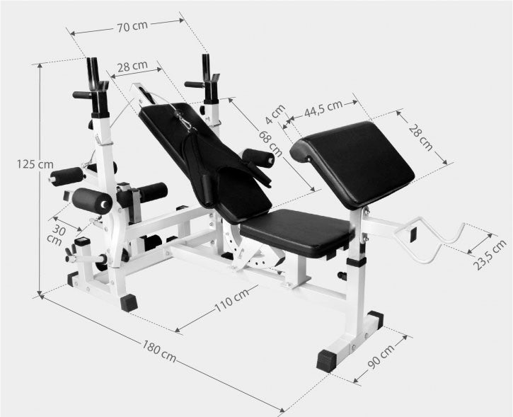 Regulējams svarcelšanas sols + 100 kg stieņa un disku komplekts, balts