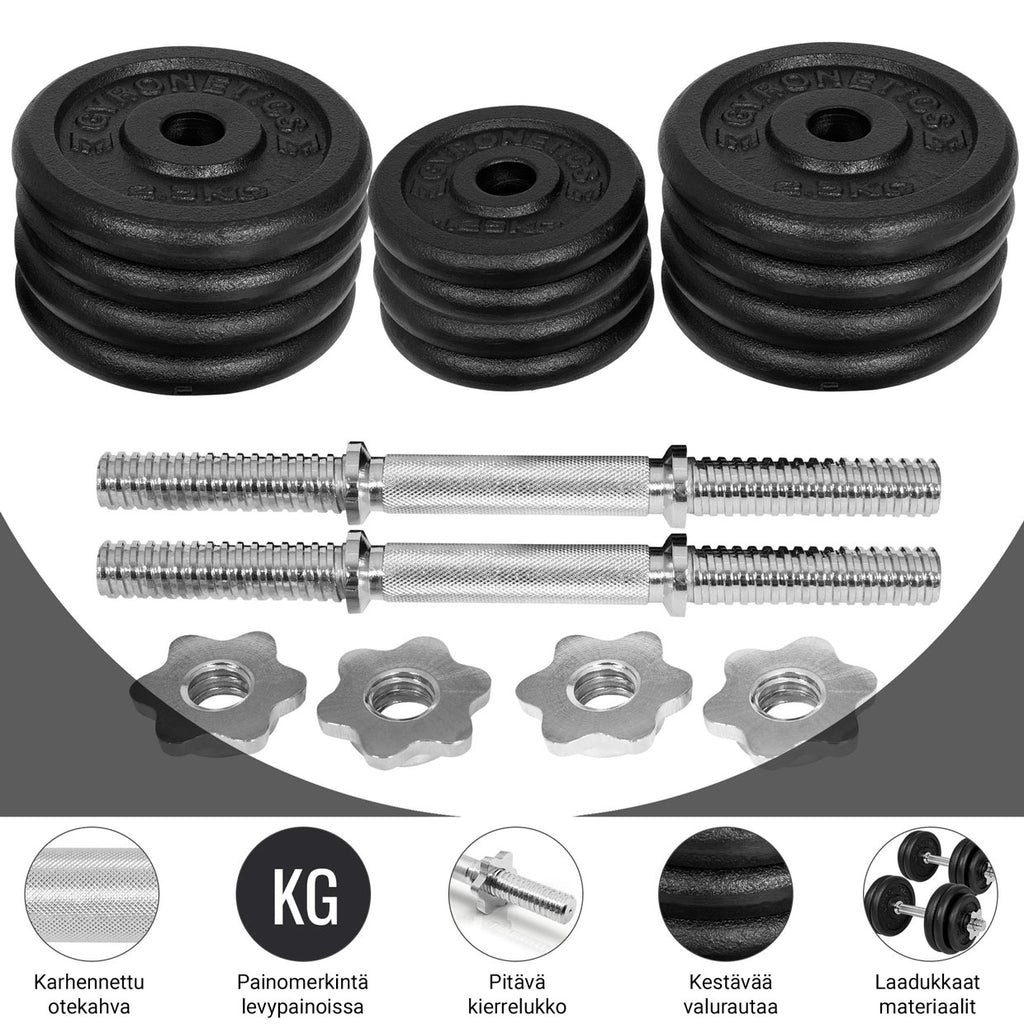 Čuguna hanteles komplekts 30 kg ar vītņotām fiksatorām, 25mm