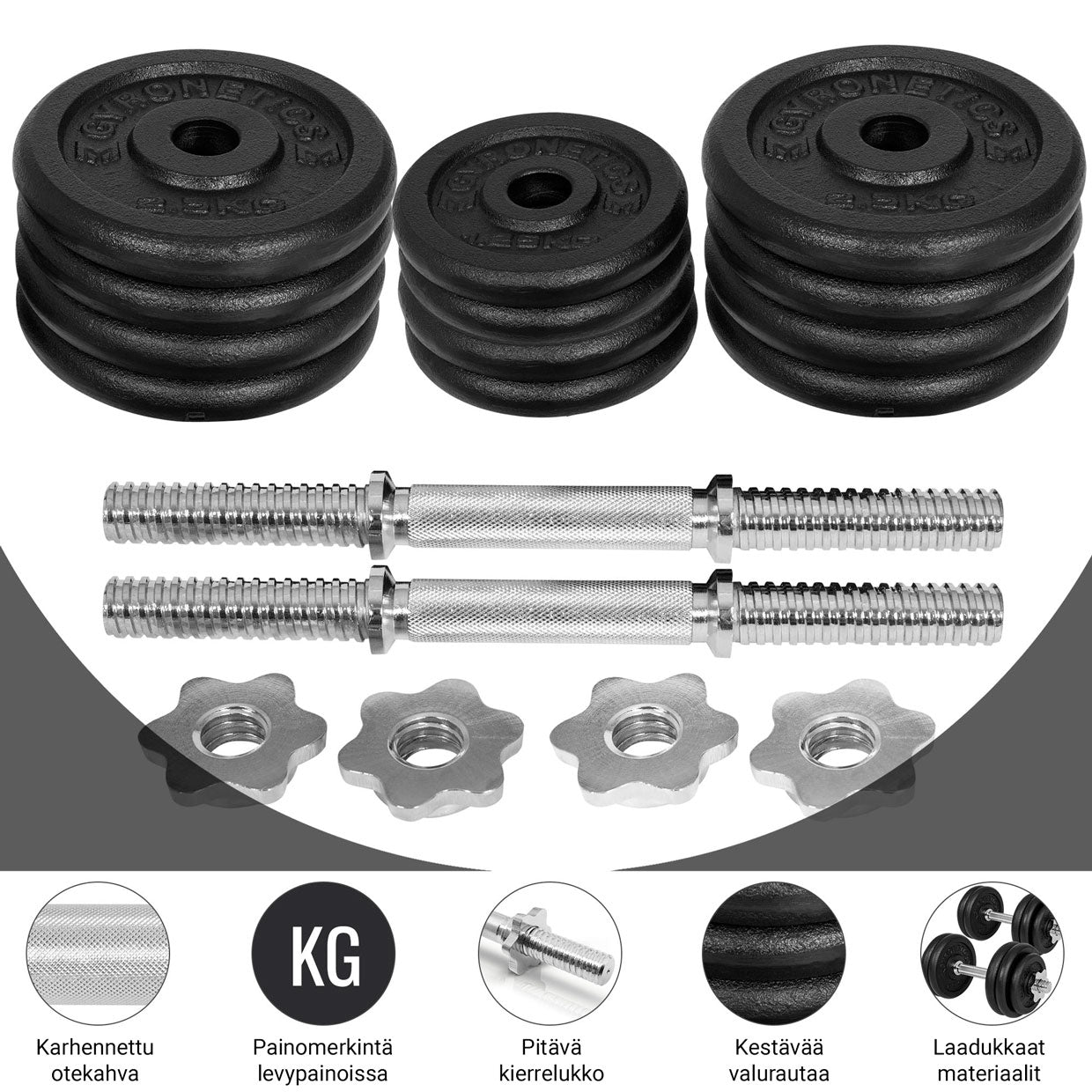 Čuguna hanteles komplekts 30 kg ar vītņotām fiksatorām, 25mm