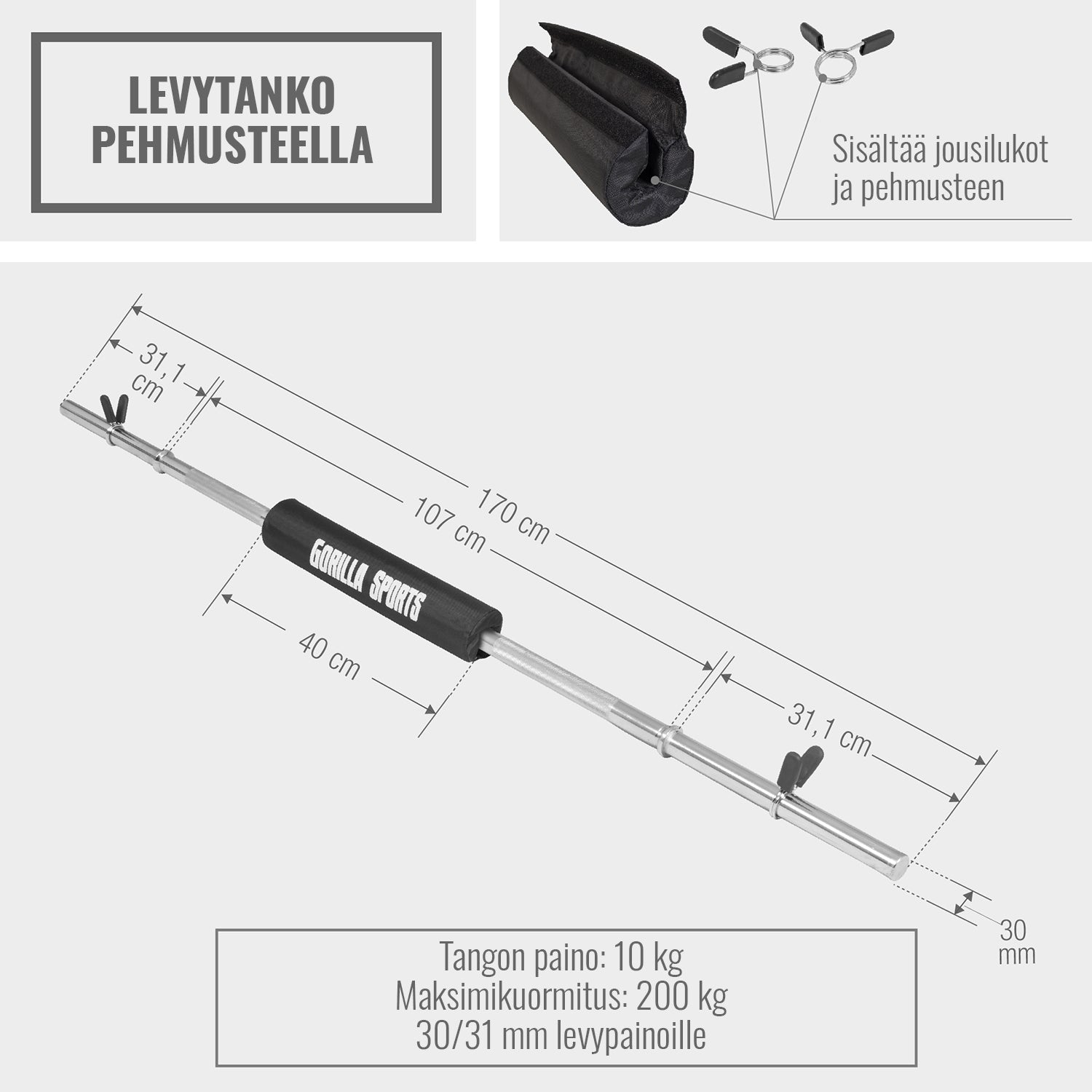 Svaru stienis 170 cm ar atsperu fiksatorām un polsterējumu