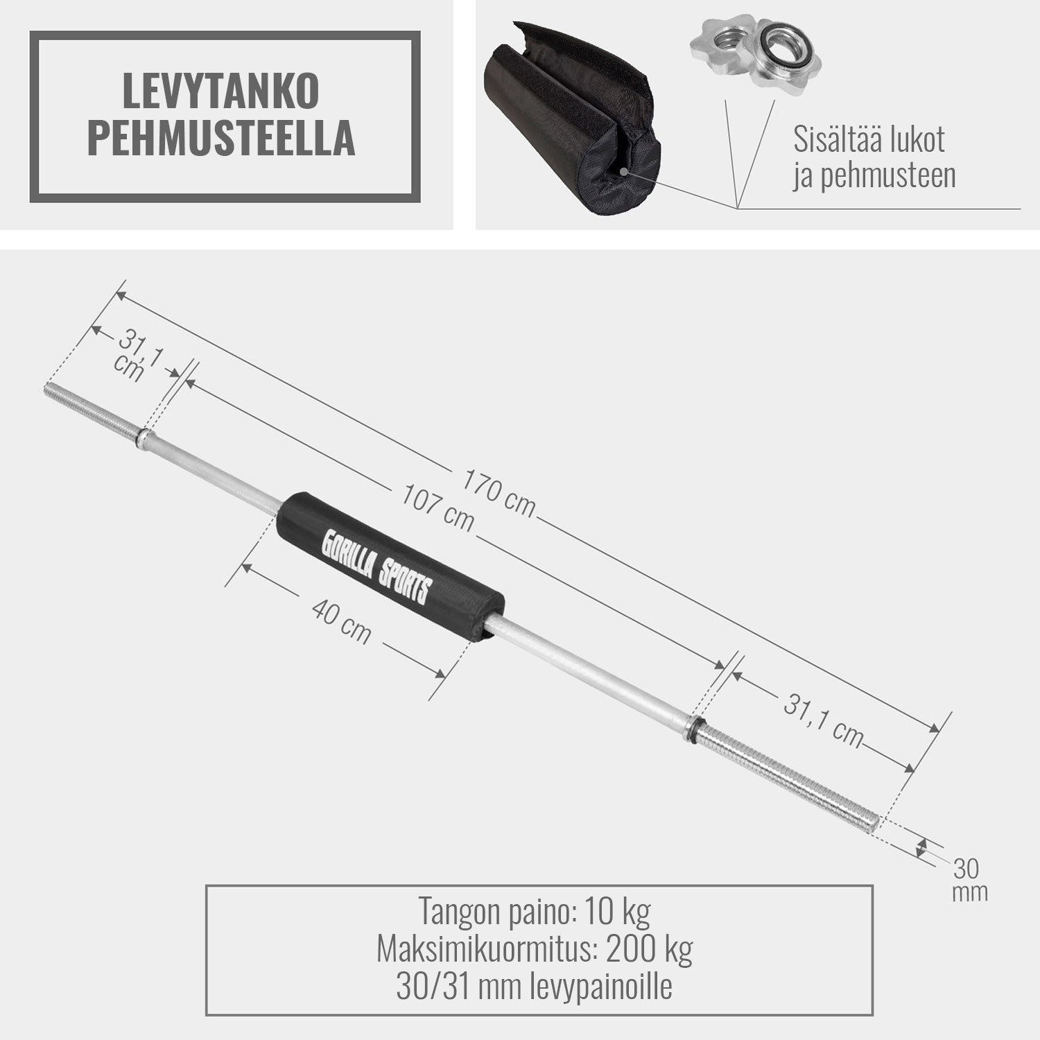 Taisns svaru stienis 170 cm ar vītņotajiem fiksatoriem un stieņa polsteri