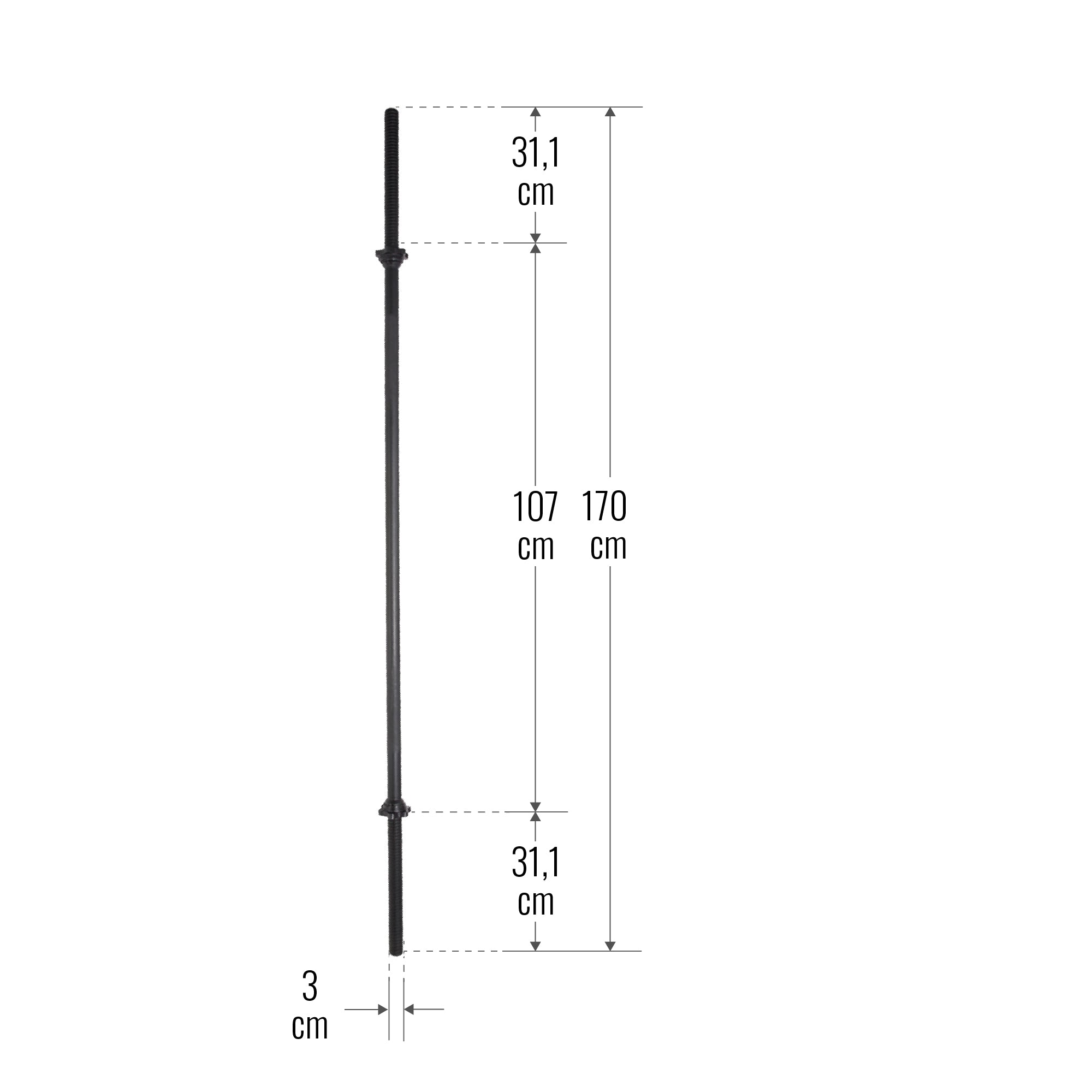 Taisns svaru stienis 170 cm ar vītņslēgiem, 30 mm