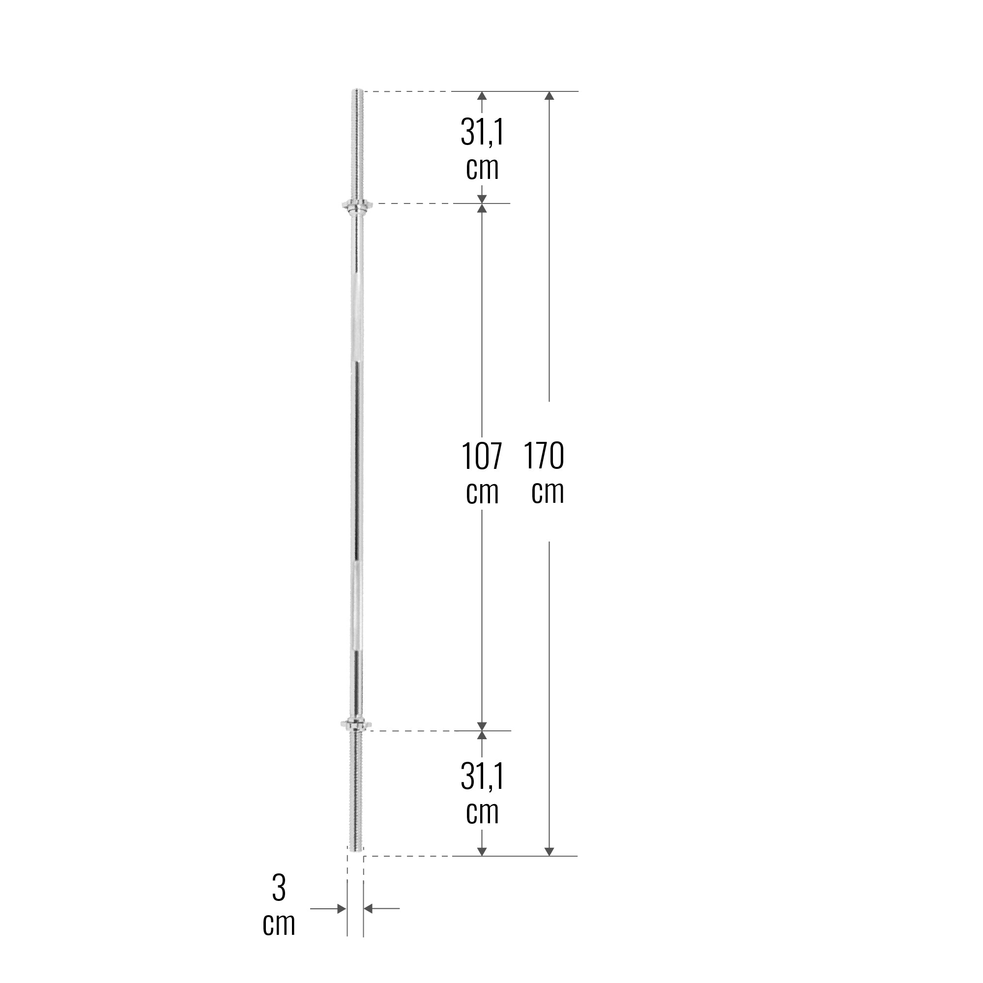Taisnais svaru stienis 170 cm ar skrūvējamiem fiksatoriem, 30mm