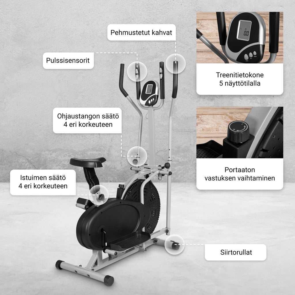 Crosstrainer ar sēdekli, rokturiem un treniņu datoru