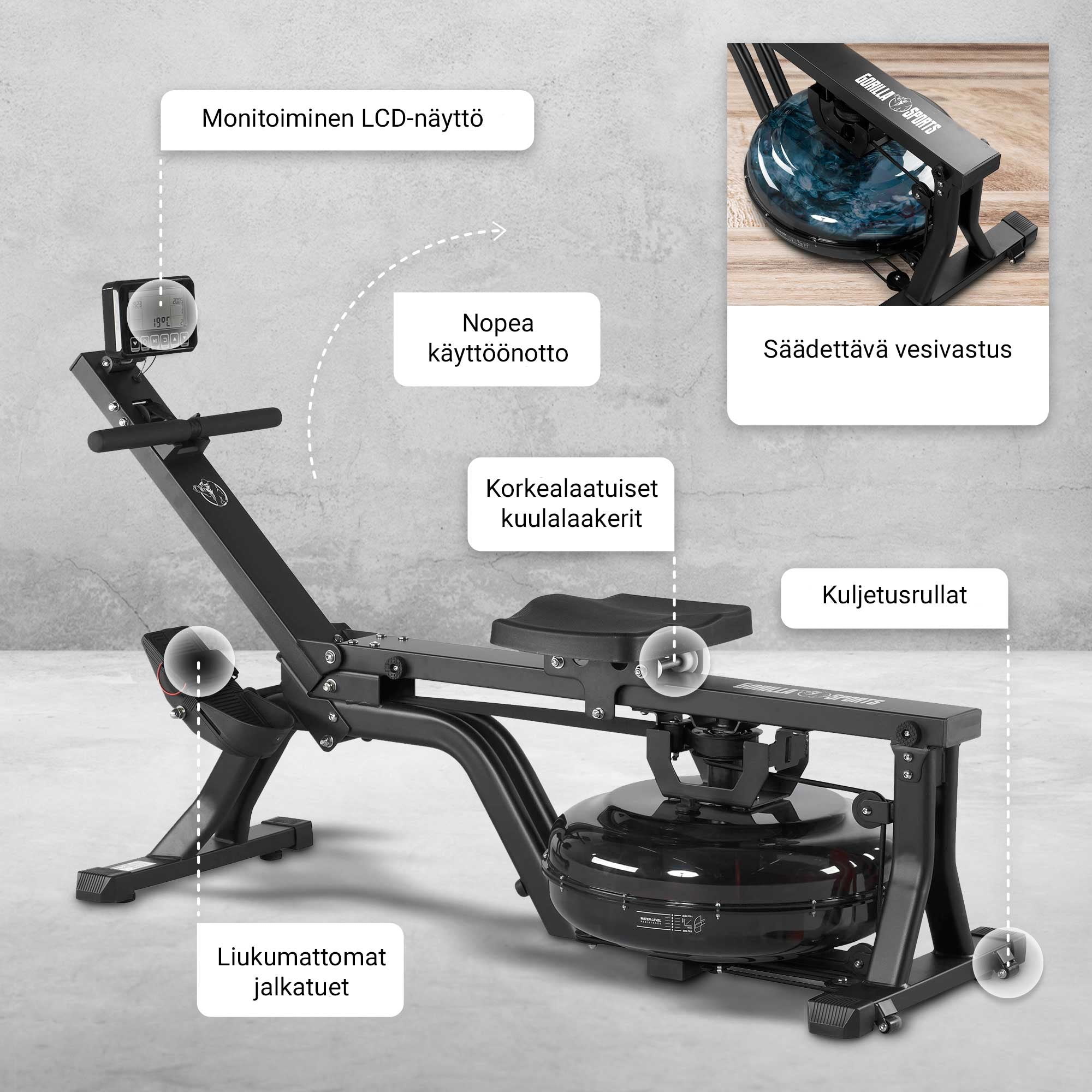 Ūdens pretestības airēšanas trenažieris ar treniņu datoru