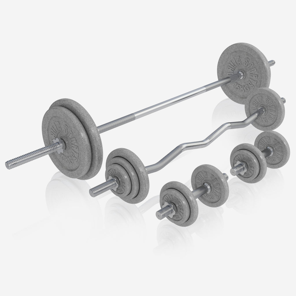 Daudzfunkcionāla treniņu stacija + svaru stieņa komplekts 108 kg