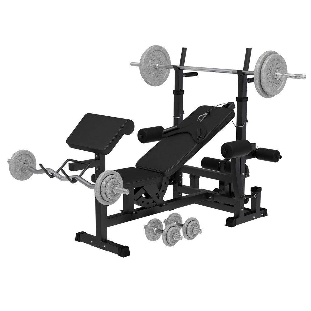Daudzfunkcionāla treniņu stacija + svaru stieņa komplekts 108 kg