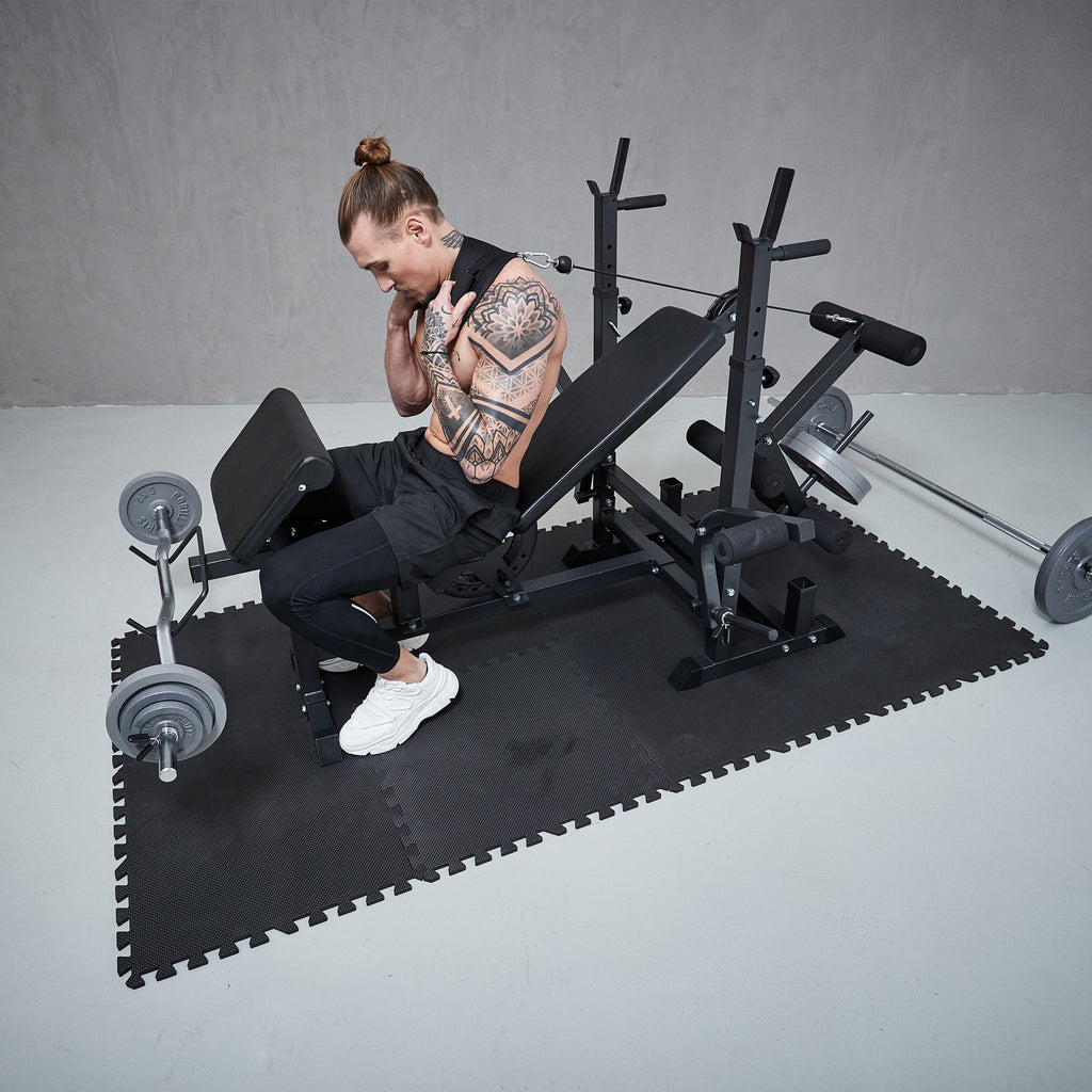 Daudzfunkcionāla treniņu stacija + svaru stieņa komplekts 108 kg