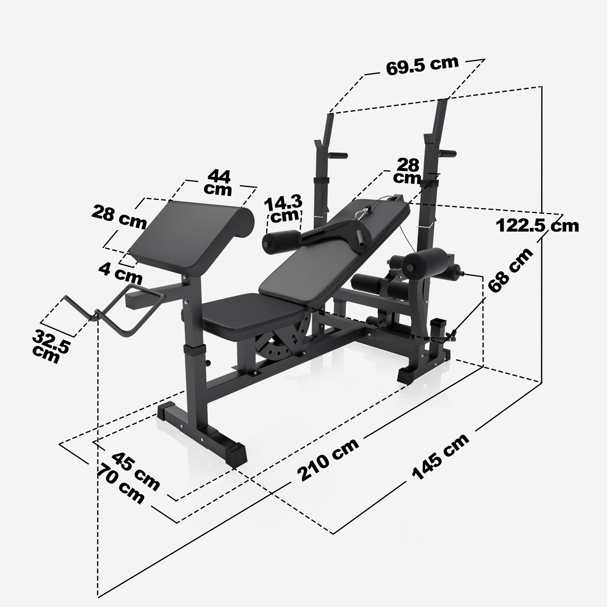 Daudzfunkcionāla treniņu stacija + svaru stieņa komplekts 108 kg