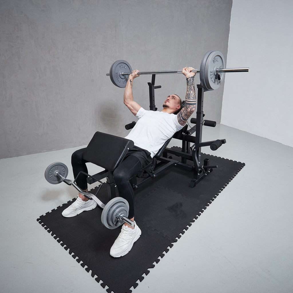 Daudzfunkcionāla treniņu stacija + svaru stieņa komplekts 108 kg