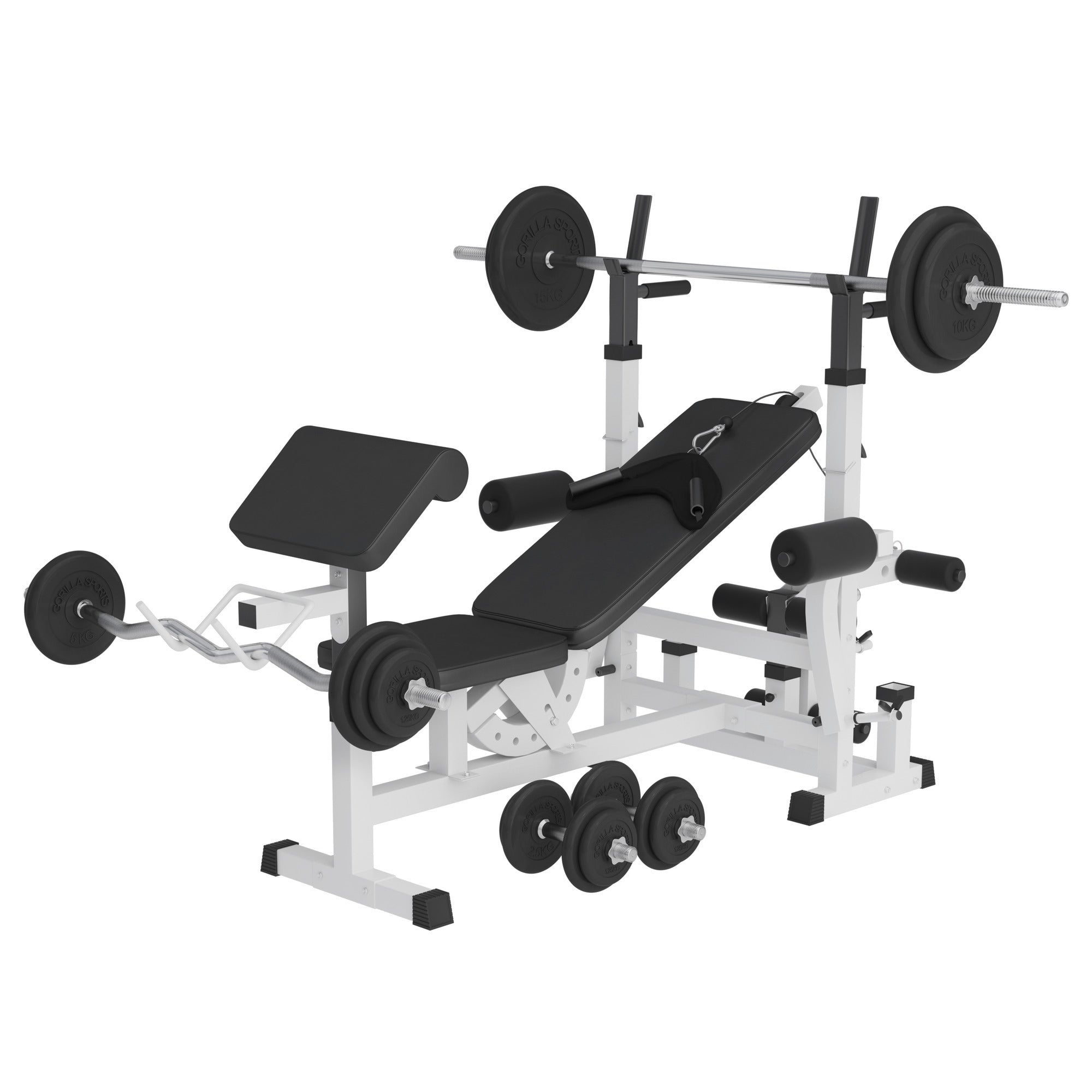 Daudzfunkcionāls svarcelšanas sols + 108 kg stieņa komplekts