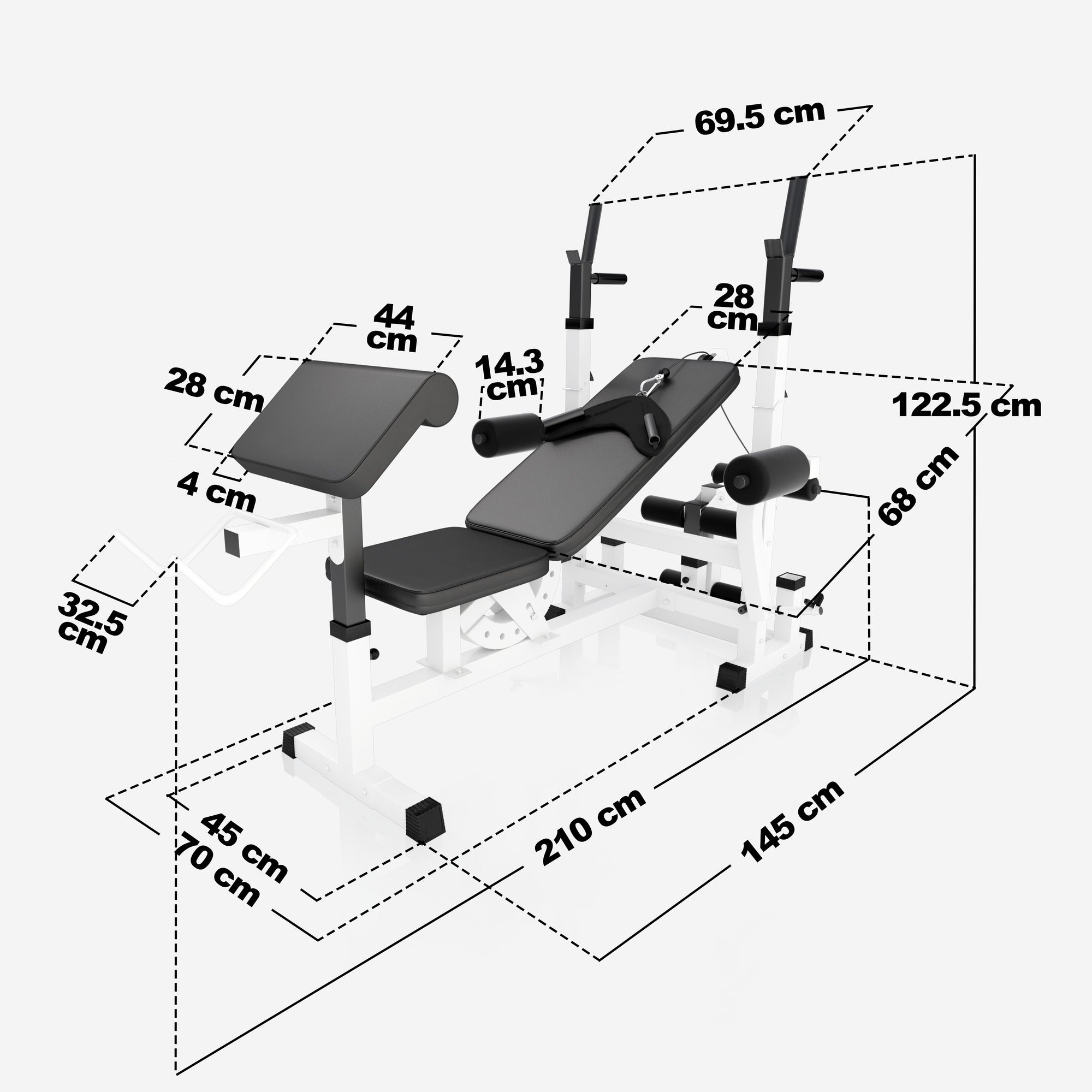 Daudzfunkcionāls svarcelšanas sols + stieņa komplekts 108 kg