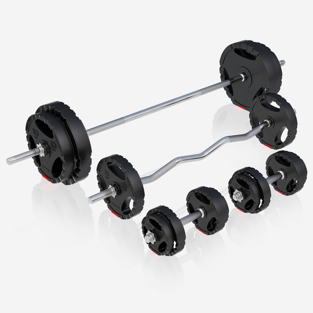 Daudzfunkcionāla treniņu stacija ar 100 kg Tri Grip svaru komplektu