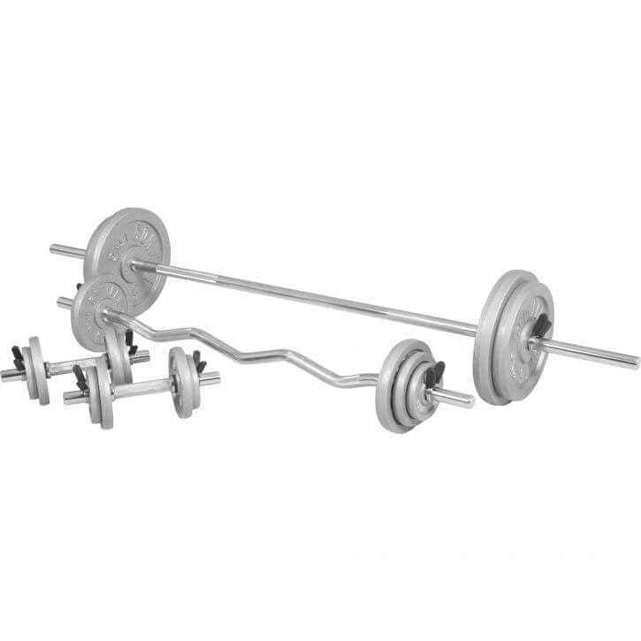 Stieņa komplekts 108 kg ar stieņiem un hanteļu stieņiem