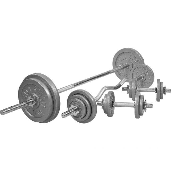 Svaru stieņa komplekts 108 kg ar čuguna svaru diskiem