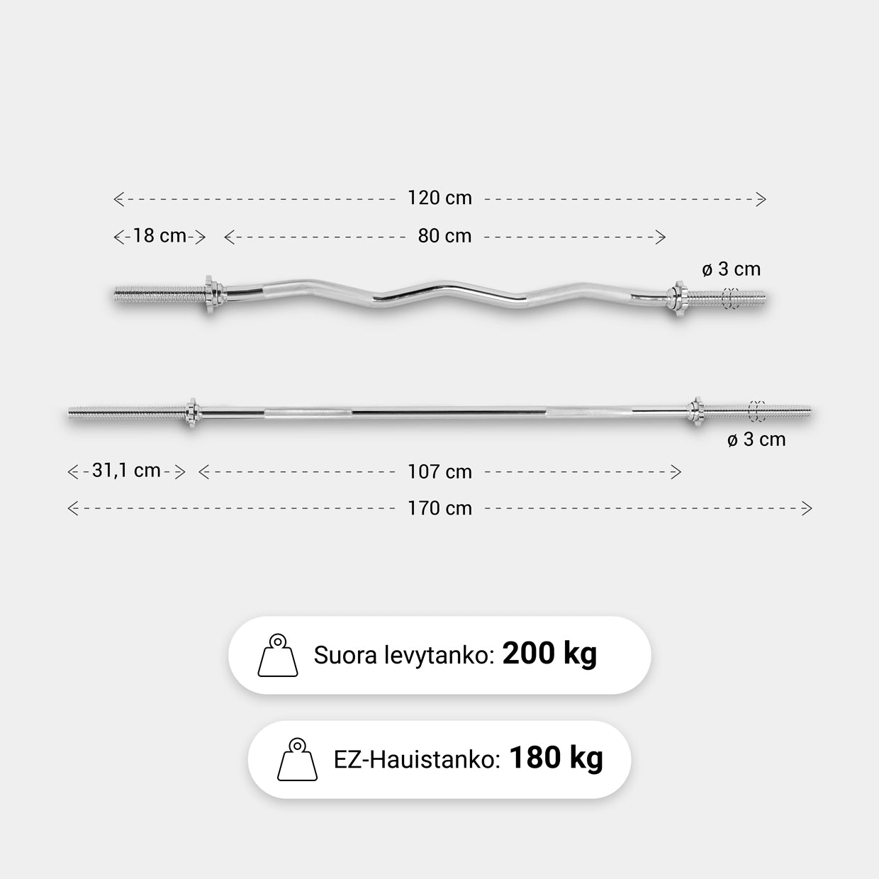 Svaru stieņu komplekts 30 mm: EZ stienis 120 cm + taisnais stienis 170 cm