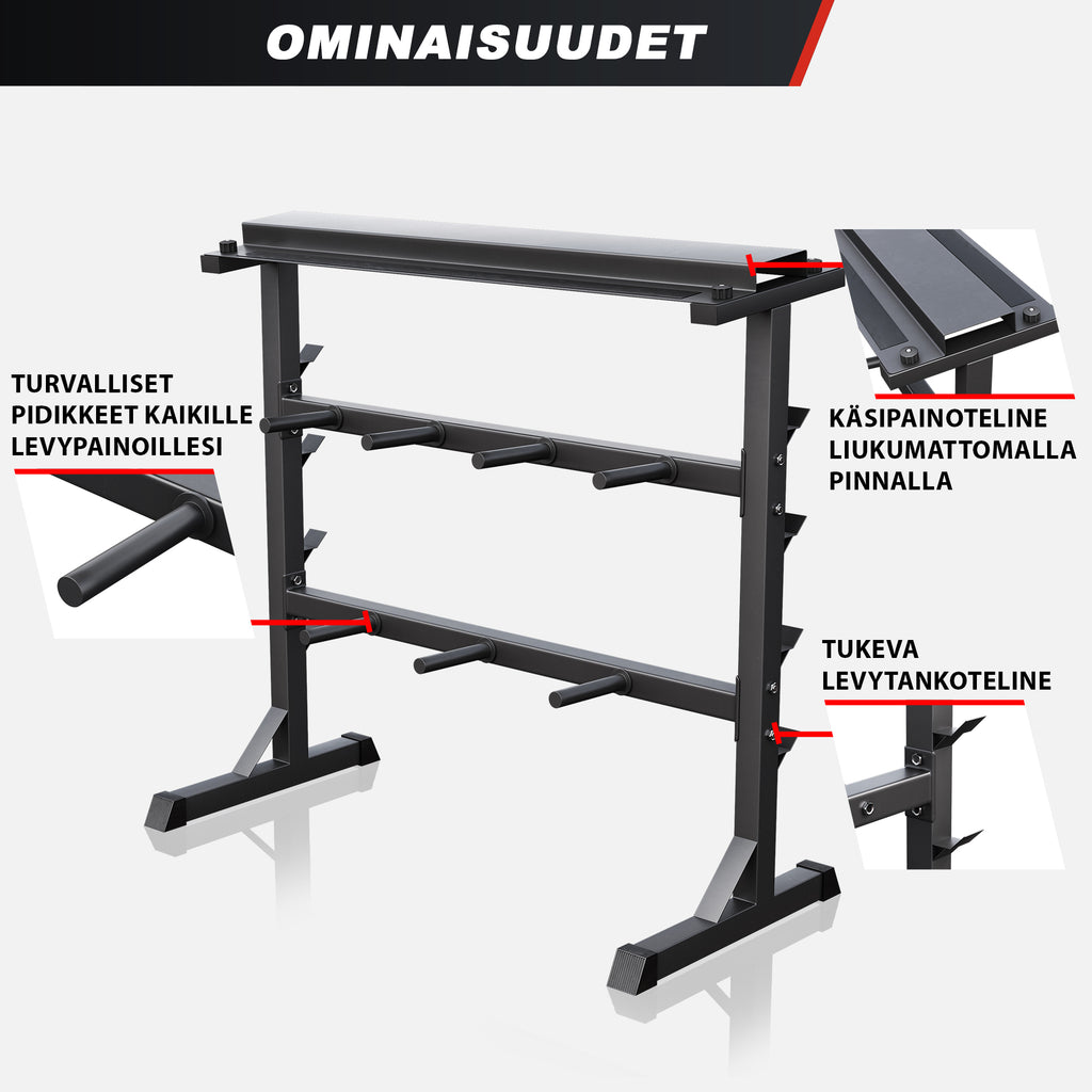3-In-1 svaru statīvs svaru diskiem, hantelēm un stieņiem, melns