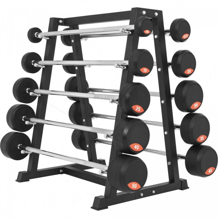 Fiksēto svaru stieņu komplekts ar statīvu, 10 stieņi 10–50 kg