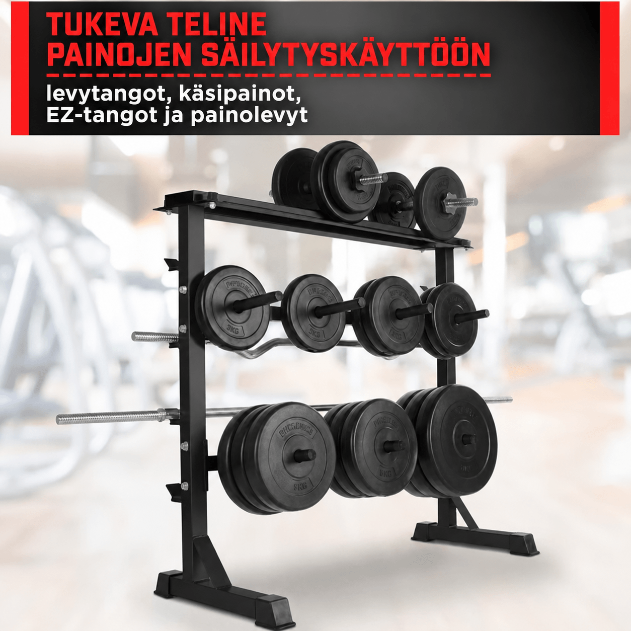 3-in-1 svaru statīvs 30 mm svaru diskiem, hantelēm un stieņiem, melns