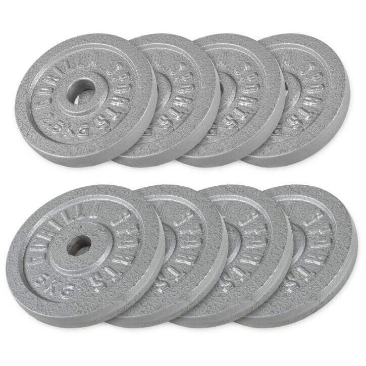 Čuguna svaru diski 30 mm, 4 x 2,5 kg + 4 x 5 kg