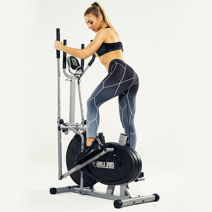 Crosstrainer ar sēdekli, rokturiem un treniņu datoru