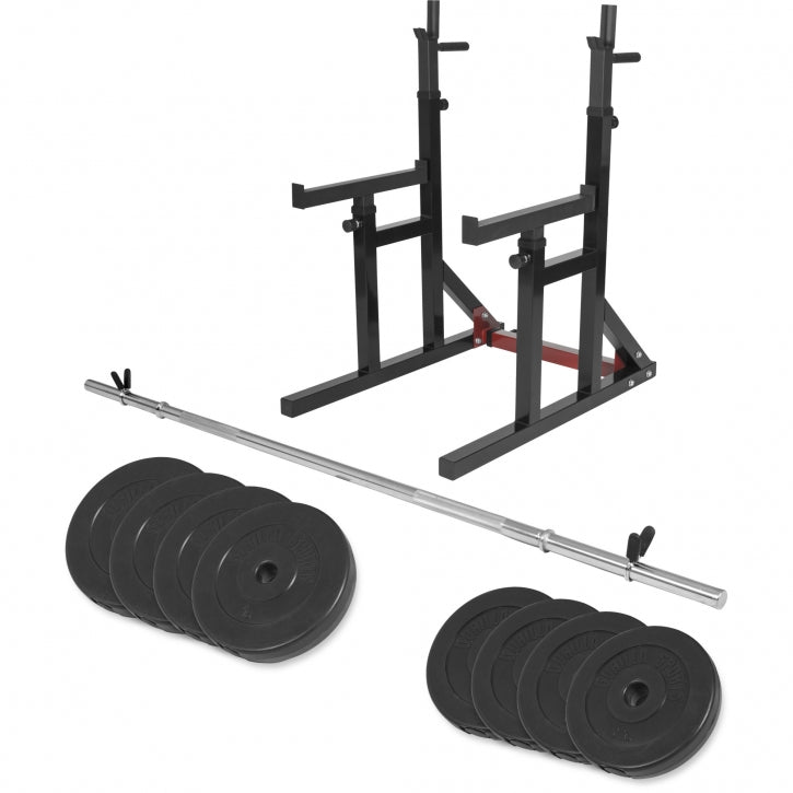 Regulējams pietupienu statīvs, svaru stienis un svari 40 kg