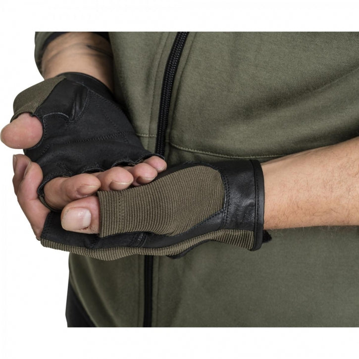 Treniņu cimdi S–XL, audums/āda, haki