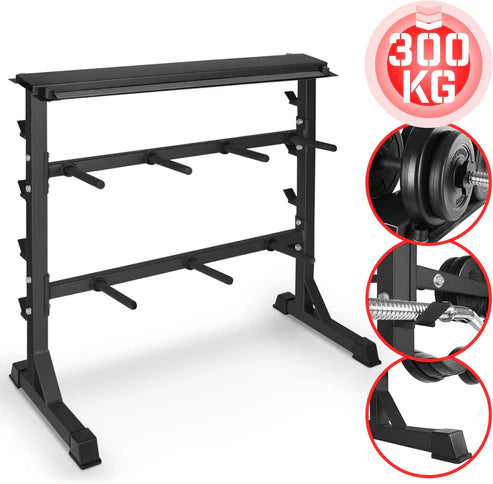3-in-1 svaru statīvs 30 mm svaru diskiem, hantelēm un stieņiem, melns