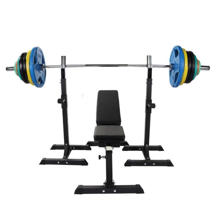 Slīpais sols un pietupienu statīvi ar 150 kg stieņa komplektu