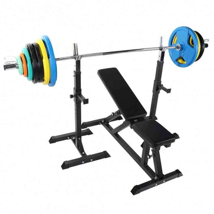 Slīpais sols un pietupienu statīvi ar 150 kg stieņa komplektu