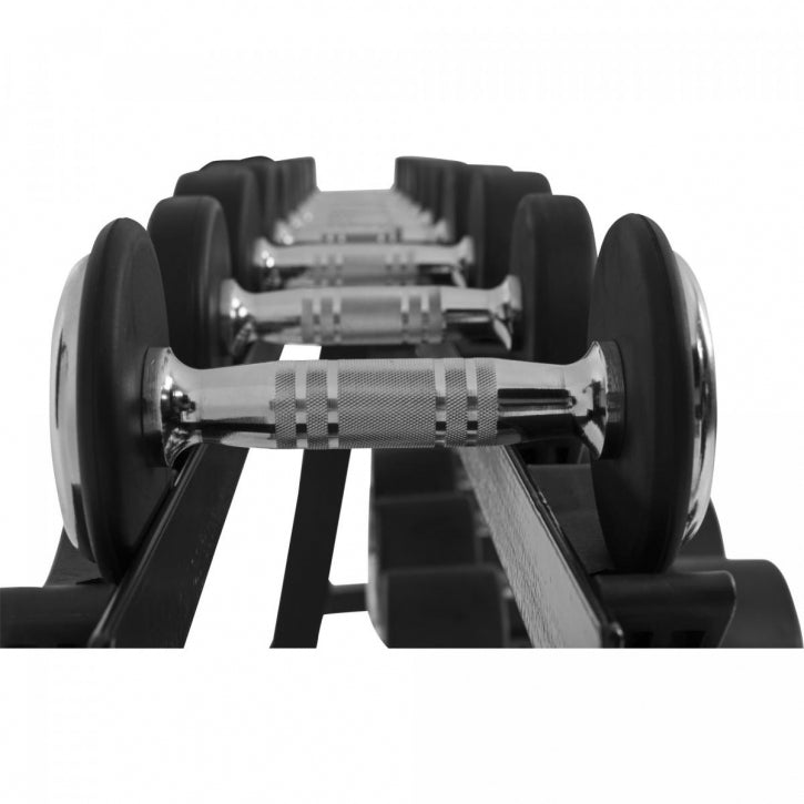 Ar gumiju pārklātu hanteļu komplekts 325 kg ar statīvu