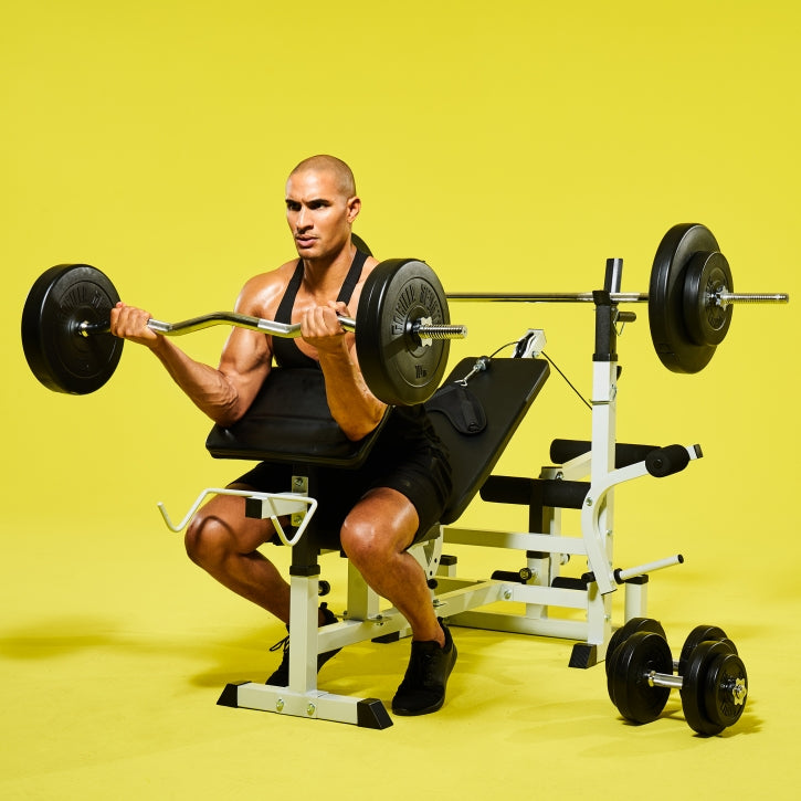 Regulējams svarcelšanas sols + 100 kg stieņa un disku komplekts, balts