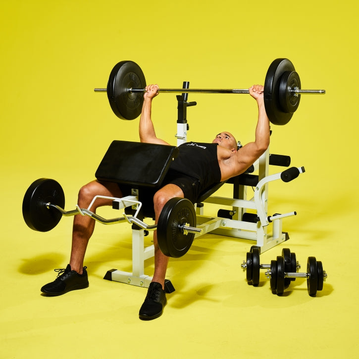 Regulējams svarcelšanas sols + 100 kg stieņa un disku komplekts, balts