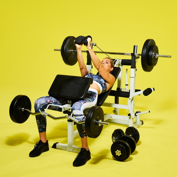 Regulējams svarcelšanas sols + 100 kg stieņa un disku komplekts, balts