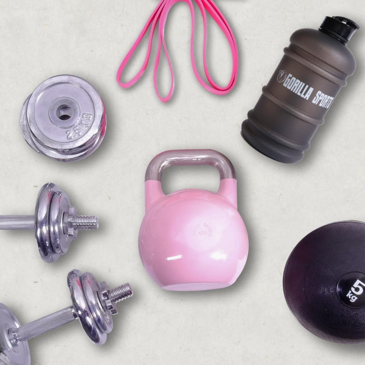 Mājas treniņu komplekts ar kettlebell, medicīnas bumbu un hantelēm