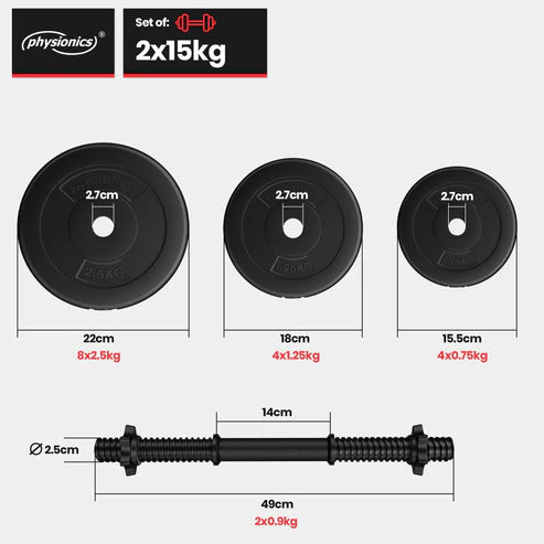 Regulējams hanteļu komplekts 30 kg, plastmasas pārklājuma svaru diski 25 mm