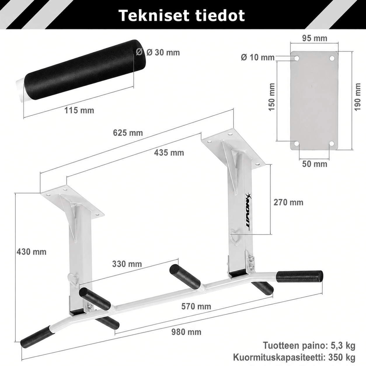 Griestu pievilkšanās stienis 350 kg, vairāku satvērienu modelis – melns/balts