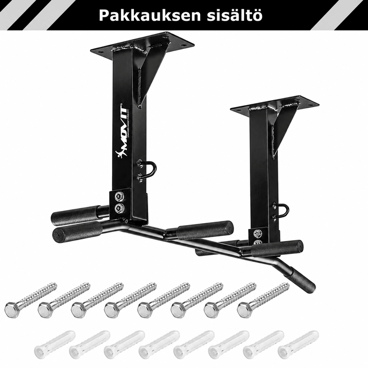 Griestu pievilkšanās stienis 350 kg, vairāku satvērienu modelis – melns/balts
