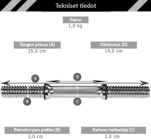 Hanteles stienis 35 cm ar vītņotiem fiksatoriem, 30 mm